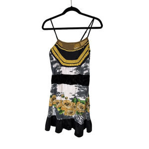 Women’s Dress Multi Pattern Yellow Rose Floral Velvet Trim Tiered Hem Size M